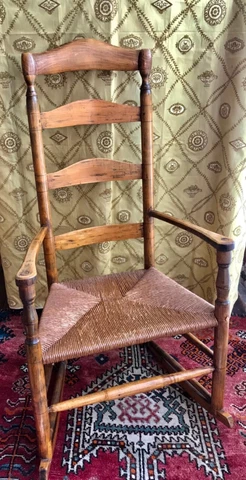 Early American Ladder Back Rush Seat Rocking Arm Chair ca 1800-1830 Cover