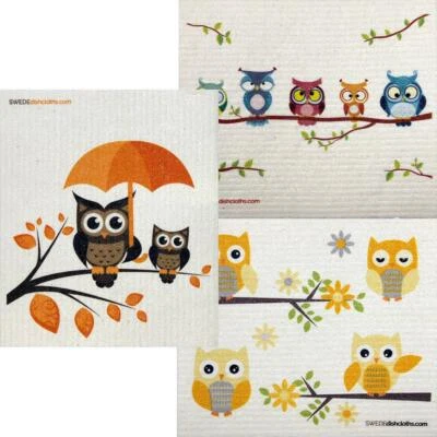 SWEDEDISHCLOTHS Mixed Owls Set of 3 cloths (One of each design) Swedish Dishcloths ECO Absorben