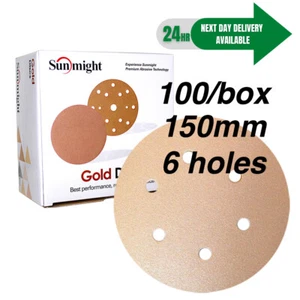 SANDING DISCS BOX 100 6 Holes 150mm Gold Discs SUNMIGHT SUNGOLD - Picture 1 of 2