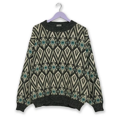 Maglione Vintage grigio e bianco a girocollo a fantasia geometrica - Taglia L/XL - Immagine 1 di 4