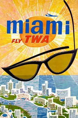 Póster de viaje aéreo estilo vintage "MIAMI TWA" años 60 - 24x36 Foto 1 de 3