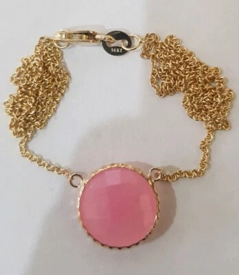 Collar Oro Amarillo 14K con Cuarzo Rosa 12mm Cuadros Redondos Foto 1 de 4