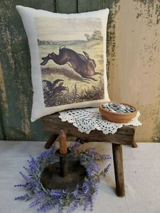 PRIMITIVE VINTAGE AMERICANA COLONIAL SHABBY STYLE RABBIT BUNNY IN FIELD PILLOW - Picture 1 of 6