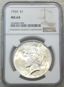 1924 Peace Silver Dollar NGC MS64 White Frosty Luster PQ New Holder #K390J - Picture 1 of 4
