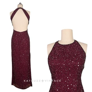 Scala Prom Dress Maxi Gown L Red Black Vintage Bead Silk Glam Holiday Y2K 90s - Picture 1 of 12