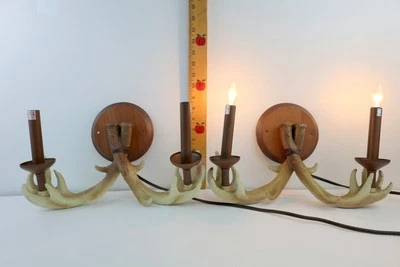 Lot of 2 Double Light Wall Fixture Sconce Lamp Retro Faux Antler Deer Horn Decor - Image 1 of 4