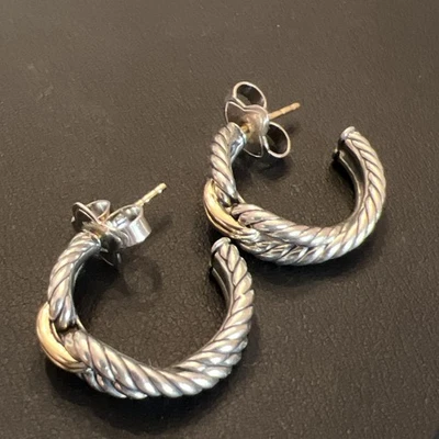 David Yurman Sterling 925 & 18k Gold Cable Loop Hoop Thoroughbred Earrings - Image 1 of 4