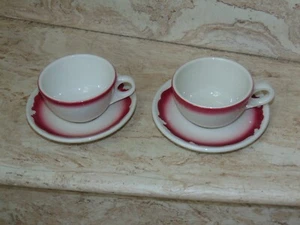 Set of 2 Homer Laughlin Burgundy & White Mugs with Wallace Matching Saucers - Picture 1 of 8