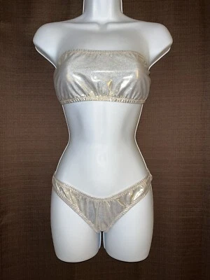 S/M Handmade Bikini With Bandeau Top & Cheeky Bottoms Metallic Gold Ravewear - Image 1 of 4