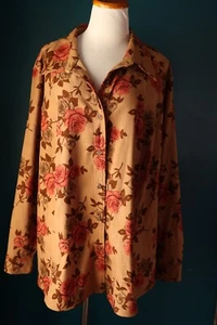 Vintage White Stag Floral Tan Women's Button Up Long Sleeve Cottagecore 22/24W - Picture 1 of 10