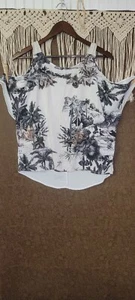 Infini SZ LARGE Womens Short Sleeve Cold Shoulder Palm Shirt Tropical  - Picture 1 of 8