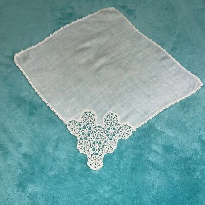 Ladies Wedding Handkerchief hankie white linen with white Crochet  Vintage - Image 1 of 4