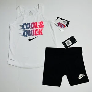 Nike Dri-Fit Tank Top & Club Biker Shorts Set Outfit White Black Sz 6X - Picture 1 of 6