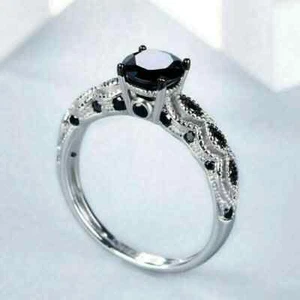2Ct Round Cut Lab-Created Black Diamond Engagement Ring 14K White Gold Plated - Picture 1 of 5