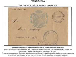 Venezuela: 1896; Cubierta rara + primera franquicia iglesia, a Caracas, usado EBV1594 - Imagen 1 de 2