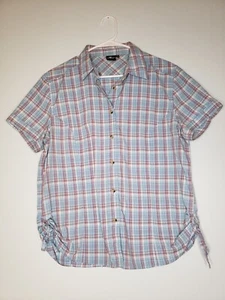 Crane Womens Sz L Blue Red Plaid Button Front Short Sleeve Shirt Ruched Side Hem - Picture 1 of 8