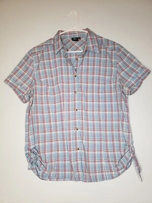 Crane Womens Sz L Blue Red Plaid Button Front Short Sleeve Shirt Ruched Side Hem - Image 1 of 4