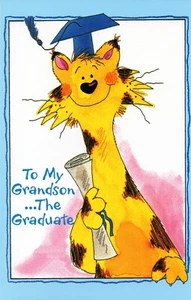 Cute GRADUATION Card FOR GRANDSON, Yellow Cat, by Pacific Graphics + Envelope - Picture 1 of 4