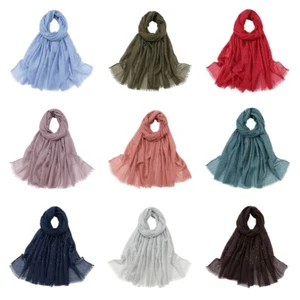 Women Linen Cotton Sequin Tassels Long Scarf Shawl Wrap Wide Headscarf Scarves - Picture 1 of 19