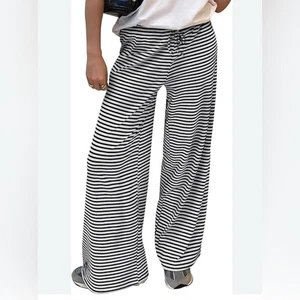 NEW Black & White Striped RIBBED Wide-Leg Pull Up Pants SZ L ELASTIC WAIST BAND - Picture 1 of 8