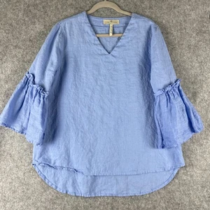 Crown Linen Designs Tunic Top Womens Large Blue Bell Sleeve Coastal Lagenlook - Picture 1 of 12