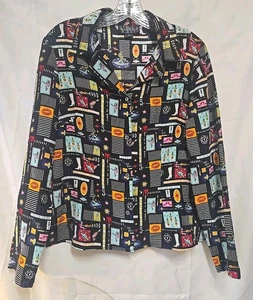 VTG Nicole Miller Limited Colorful Graphic Print Silk Long Sleeve Shirt Size 10 - Picture 1 of 7