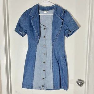 Vtg 90s Y2K Excellent Denim Mini Dress Small/ Med Button Down Faux Two Pieces - Picture 1 of 10