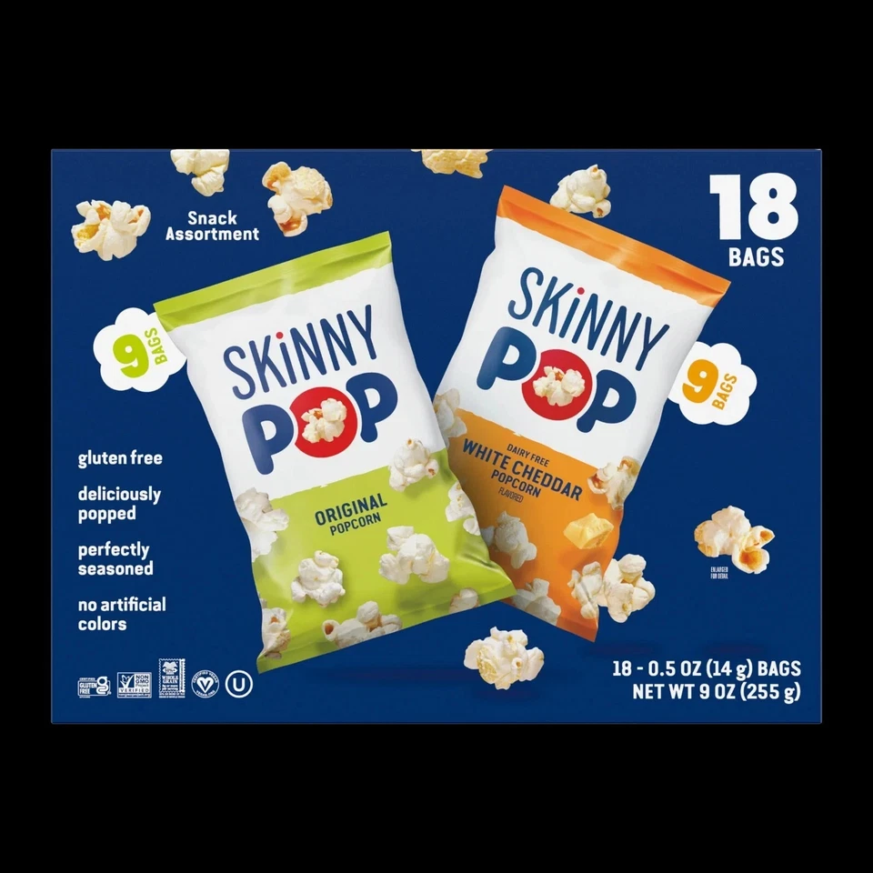 Paquete de variedad de palomitas de maíz cheddar blancas y originales sin gluten SkinnyPop, 0,5 oz Foto 1 de 1