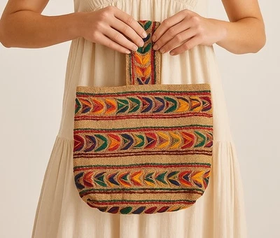 Bolso de Mano Vintage Años 70 Boho Hippie Bordado Hecho a Mano Arte Popular Cartera Foto 1 de 4