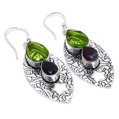 Handgefertigte 925 Sterling Silber Ohrringe aus Peridot und Amethyst 2,56" - Bild 1 von 4
