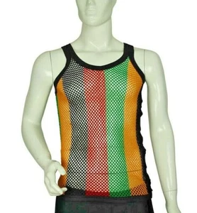 Fitted Rasta Stripe 100% Cotton String Vest Mesh Fishnet Muscle Tank Top Singlet - Picture 1 of 1