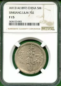 SINKIANG CHINA 1897 5 MACE NGC F 15 LM 702 SILVER - Picture 1 of 2