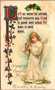 Christmas Postcard Let Us Never Be Afraid ~ Angel & Harp 1902 Nister Religion - Picture 1 of 3