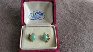 T.Y. VITE DI GIADA VERDE ORO GIALLO 14K TY LEE HONG KONG SU ORECCHINI OVALI 3,6 GRAMMI - Foto 1 di 9
