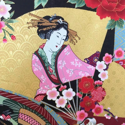 Geisha fabric Japanese ladies metallic fans gold floral oriental cotton maiko - Image 1 of 4