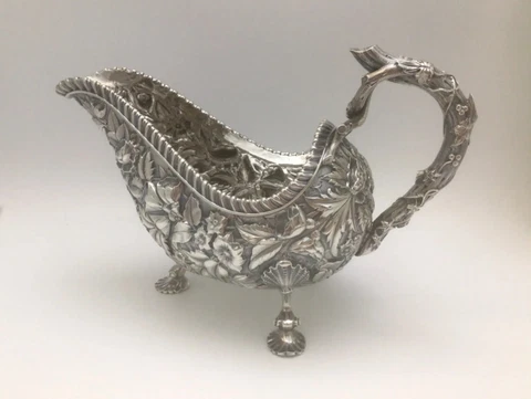 Rare Antique - Repousse Footed Gravy Boat - Sterling Bailey, Banks & Biddle 5.5” Cover