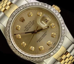 Rolex Mens Datejust Oyster Gold Steel Diamond Dial Bezel - Picture 1 of 10
