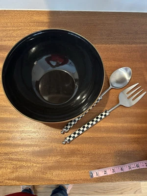 MCKENZIE CHILD LARGE BLK FLOWER MARKET SERVING SALAD 11”BOWL SERVING UTENSILS - Image 1 of 4