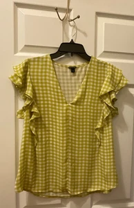 Ann Taylor grün elfenbein kariert Größe Small Damenoberteil Flatterärmel gebraucht, in einwandfreiem Zustand  - Bild 1 von 5