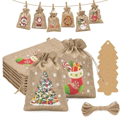 24 Stück Groß Adventskalender Jutesäckchene, 13 × 18CM Weihnachten Jutesäcke,... - Bild 1 von 4