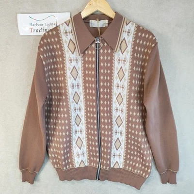 Jacket Zipped Cardigan Mens XL Extra Large 46 60s Mod Brown Beige Full Zip - Image 1 of 4