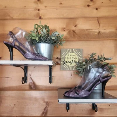 Stuart Weitzman Snake Croc Emboss Purple Leather Slingback Peep Pump Heels Sz 8N - Image 1 of 4