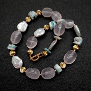22" Cultured White Pearl Natural Blue Larimar Rose Quartz Choker Necklaces - Picture 1 of 6