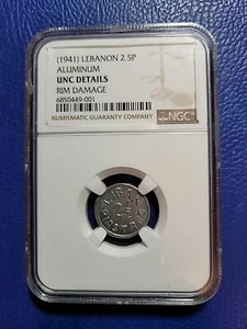 1941 LEBANON ALUMINUM 2 1/2 PIASTRES NGC UNC DETAILS RIM DAMAGE KM 13 WWII - Picture 1 of 2