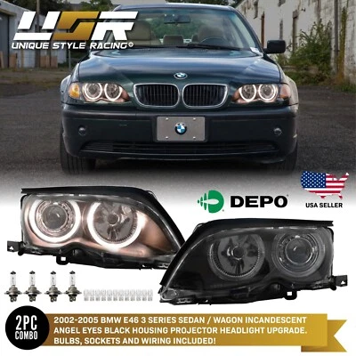 DEPO Halo Angel Projector Headlight for 02-05 BMW E46 3 Series 4D + Auto Level - Image 1 of 4