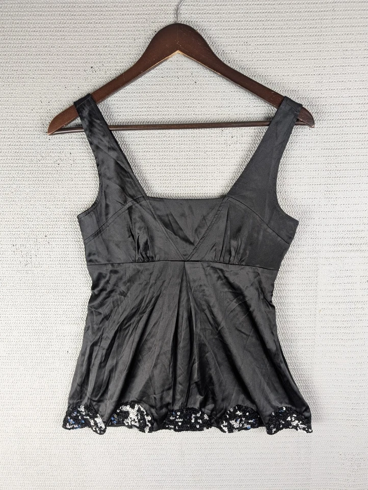 Camiseta sin mangas Bebe satinada talla XS negra algodón mezcla nailon cremallera lateral lentejuelas Foto 1 de 4