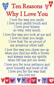HEARTWARMERS KEEPSAKE TEN REASONS WHY I LOVE YOU Wallet Card Gift Poem Verse💕 - Picture 1 of 8