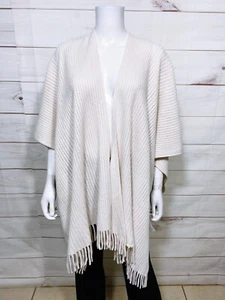 Loft Womens Open Front Shawl One Size Beige Fringed Poncho - Picture 1 of 7