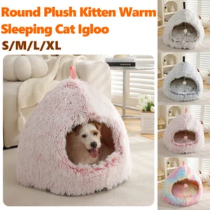 Cat Bed Pet Dog Nest Bed Round Plush Kitten Warm Sleeping Cat Igloo Cave House - Picture 1 of 12