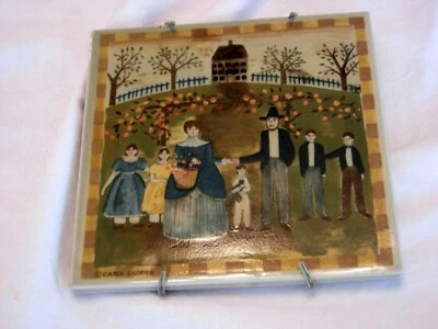 FOLK ART Ceramic TILE TRIVET by Carol Enders OTAGARI JAPAN 1996  6 X 6 AAFA - Image 1 of 4